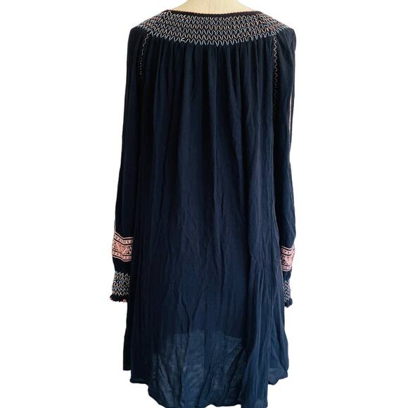 Free People Navy Blue Pink Embroidered V-Neck Mini Dress Long Sleeve - Picture 10 of 11